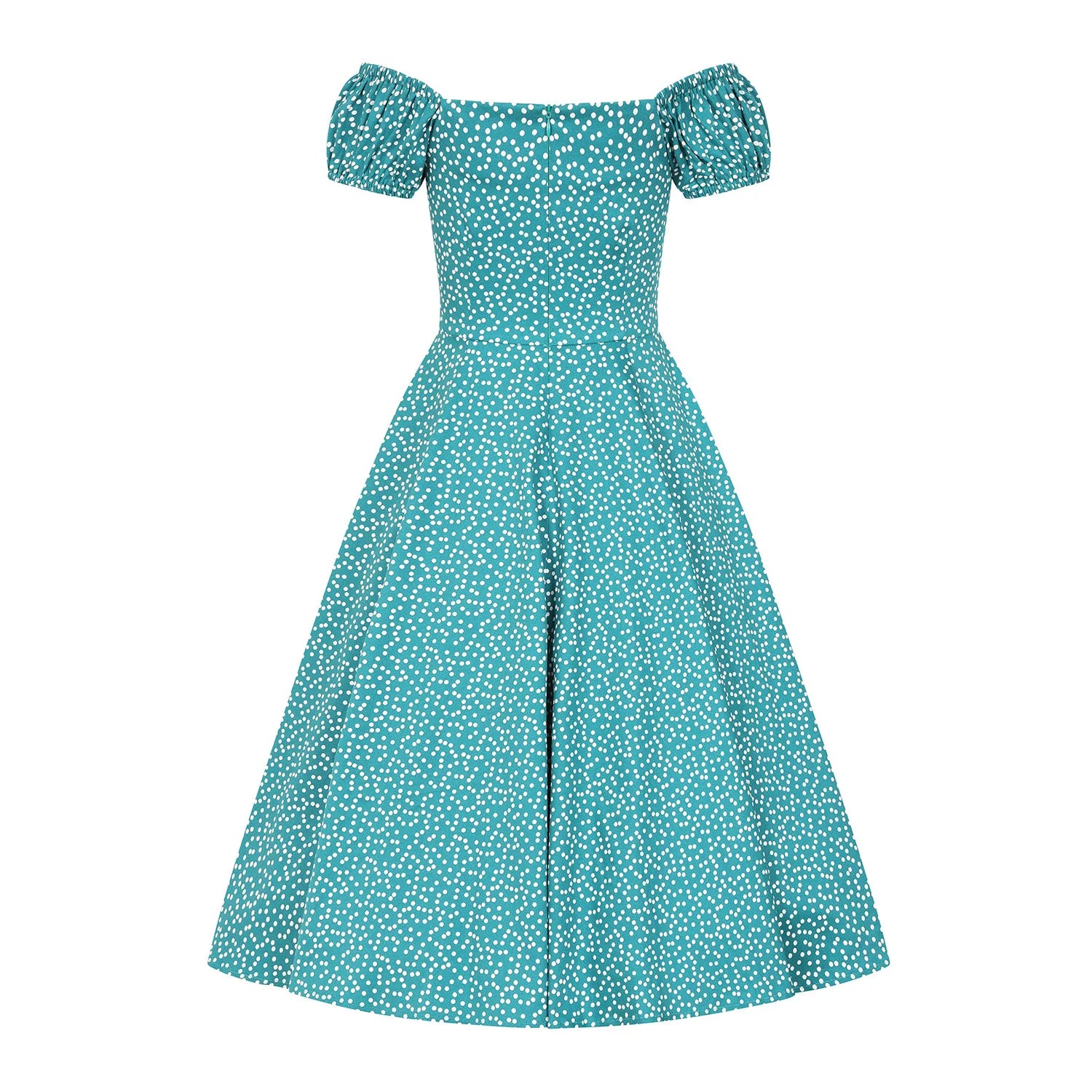 Green Polka Dot Off Shoulder Rockabilly 50s Swing Dress with Puff Sleeves - Pretty Kitty Fashion
