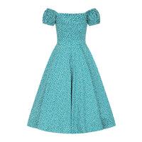 Green Polka Dot Off Shoulder Rockabilly 50s Swing Dress with Puff Sleeves - Pretty Kitty Fashion