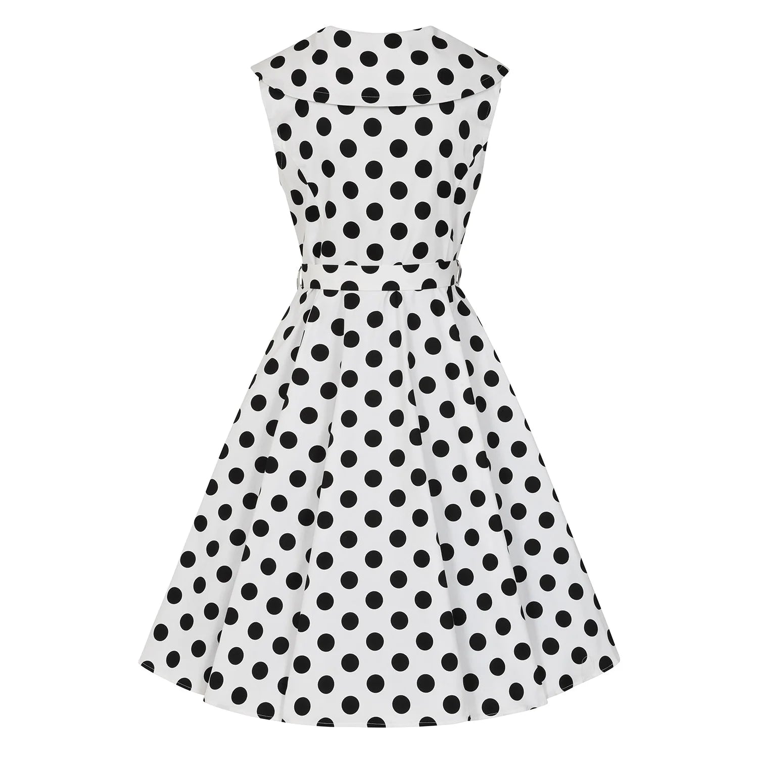 White And Black Polka Dot Sleeveless Tea Dress With Belt - Pretty Kitty Fashion