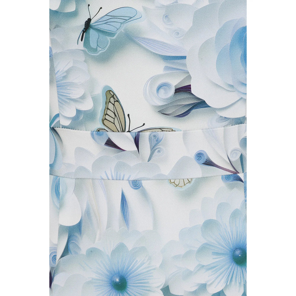 White And Blue Rose Bloom Floral Print Cap Sleeve 1940s Wiggle Dress