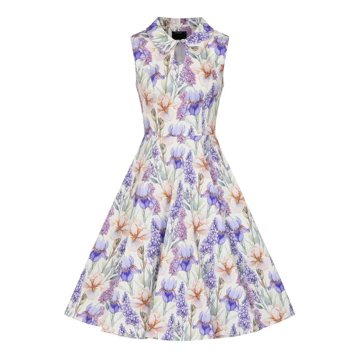 Ivory & Purple Floral Sleeveless 50s Swing Tea Dress with Peter Pan Collar & Keyhole Neck - Pretty Kitty Fashion
