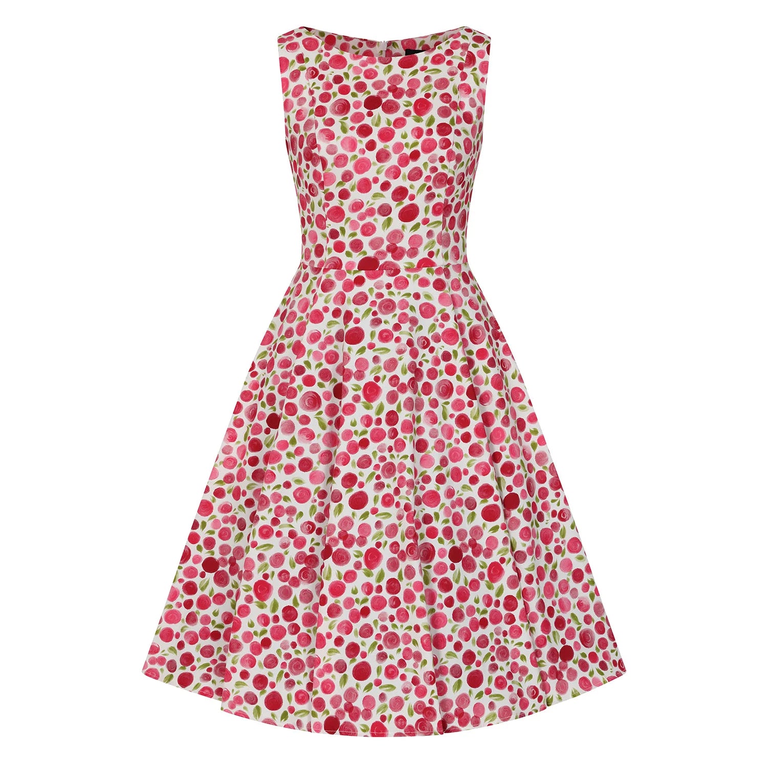 Ivory And Red Multi Coloured Blossom Sleeveless 50s Swing Dress with Pockets