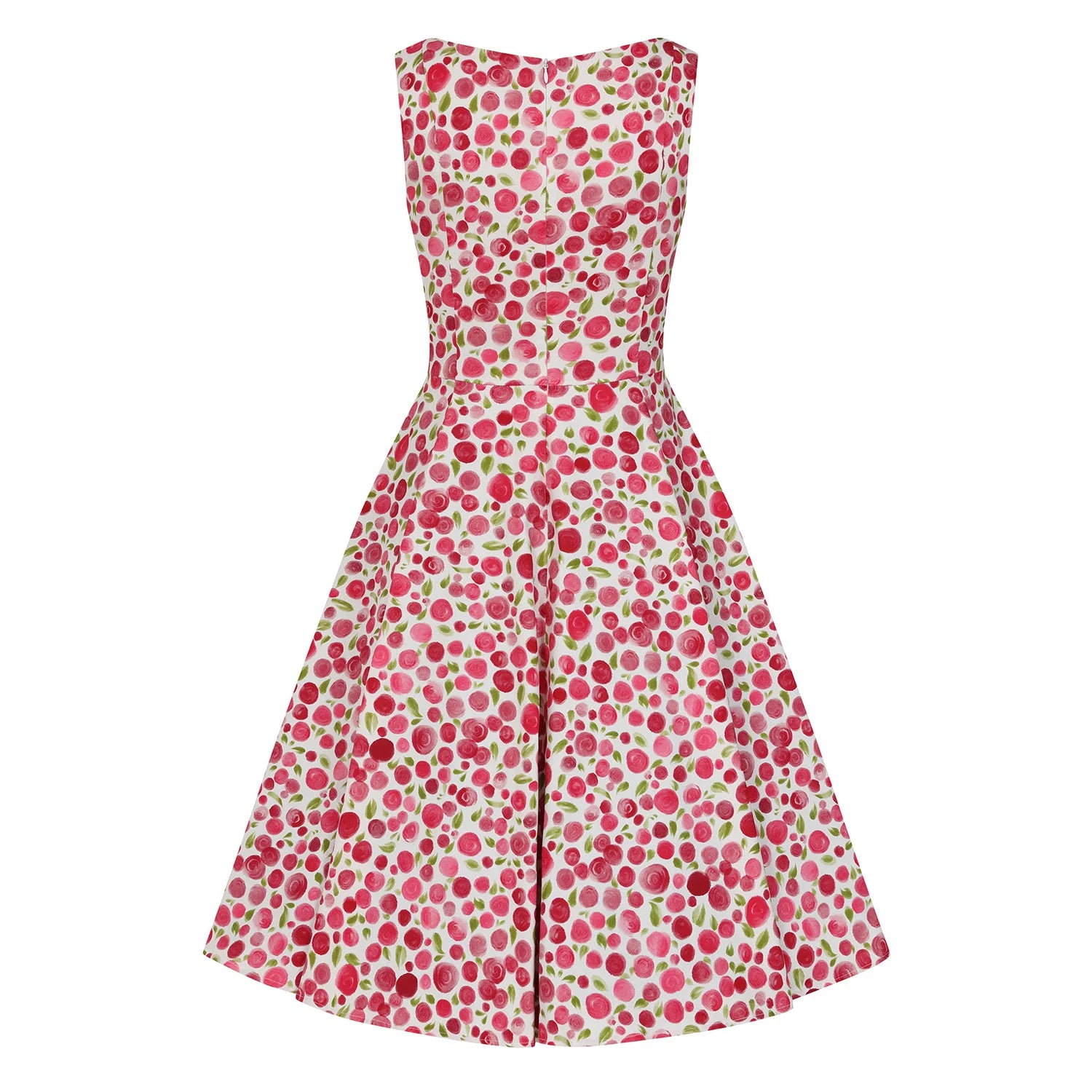 Ivory And Red Multi Coloured Blossom Sleeveless 50s Swing Dress with Pockets