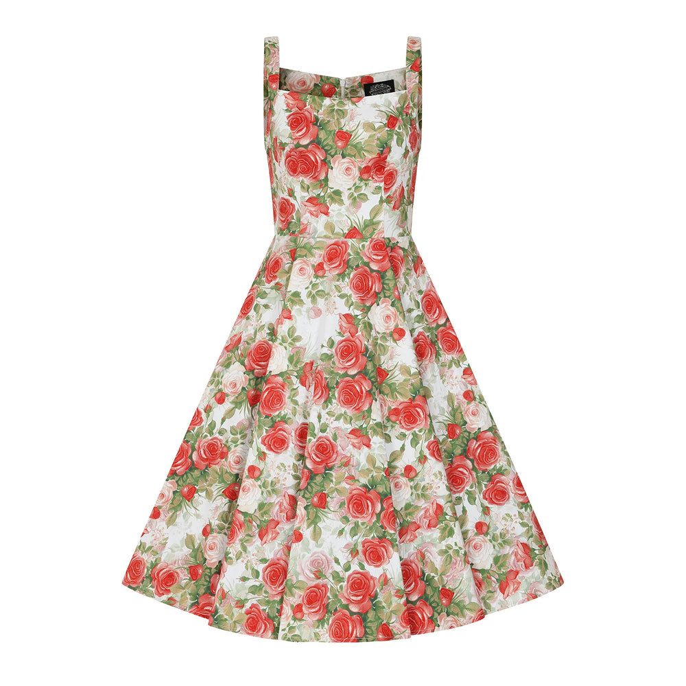Ivory With Red Rose Bloom Sleeveless 50s Swing Dress with Sweetheart Neckline