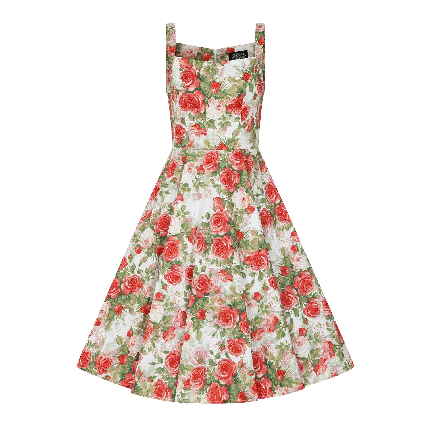 Ivory With Red Rose Bloom Sleeveless 50s Swing Dress with Sweetheart Neckline