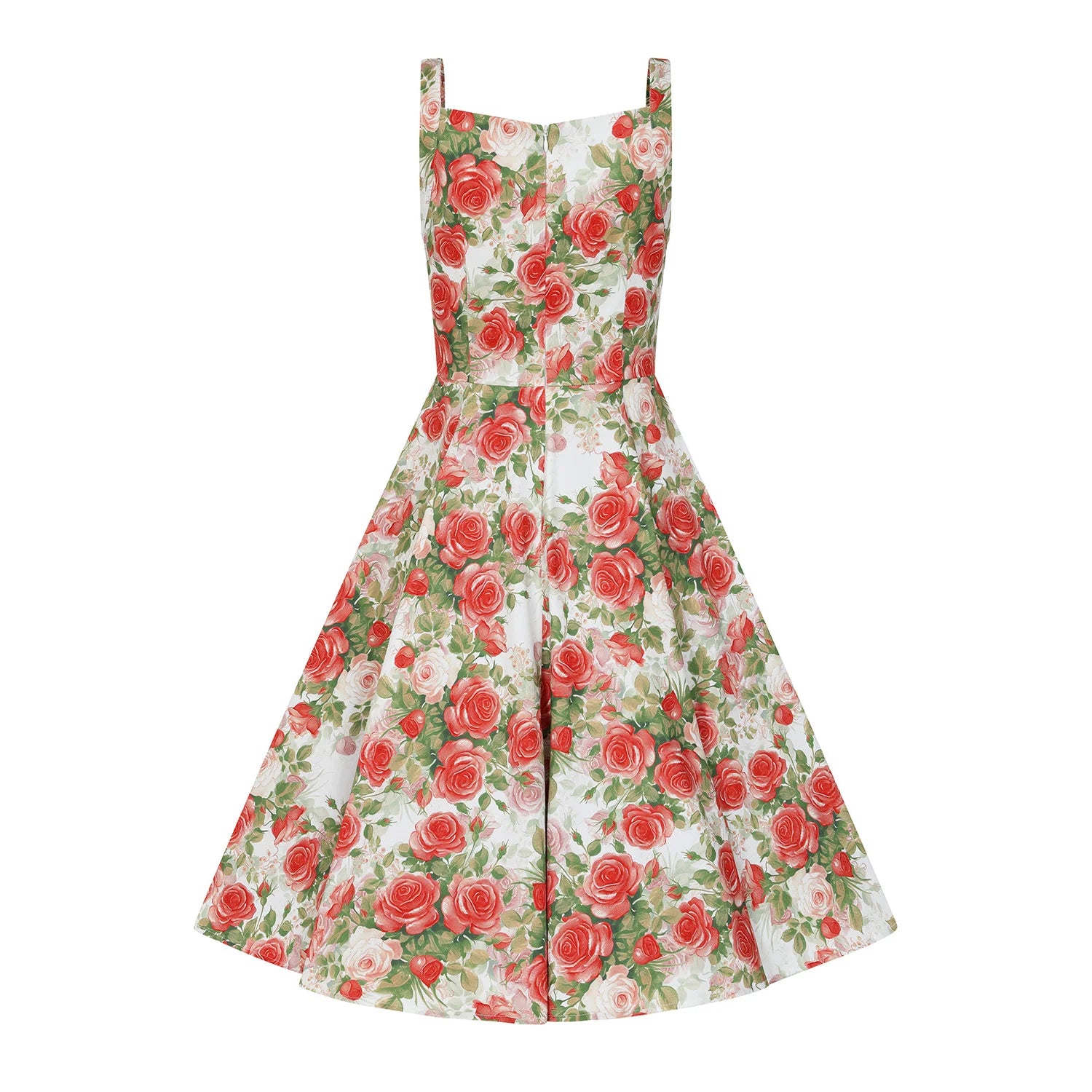 Ivory With Red Rose Bloom Sleeveless 50s Swing Dress with Sweetheart Neckline