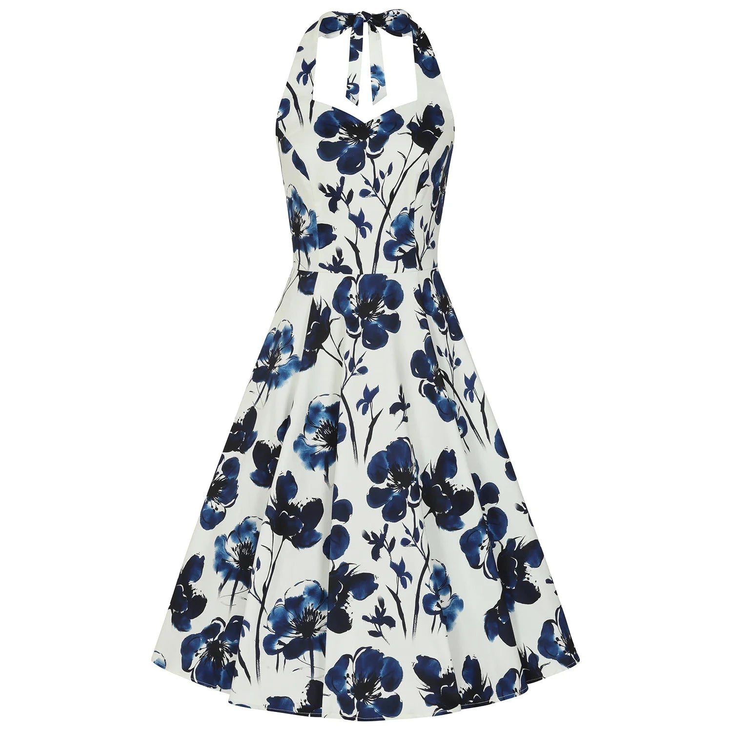 White Cream And Indigo Blue Floral Print Halterneck Cotton Swing Dress - Pretty Kitty Fashion