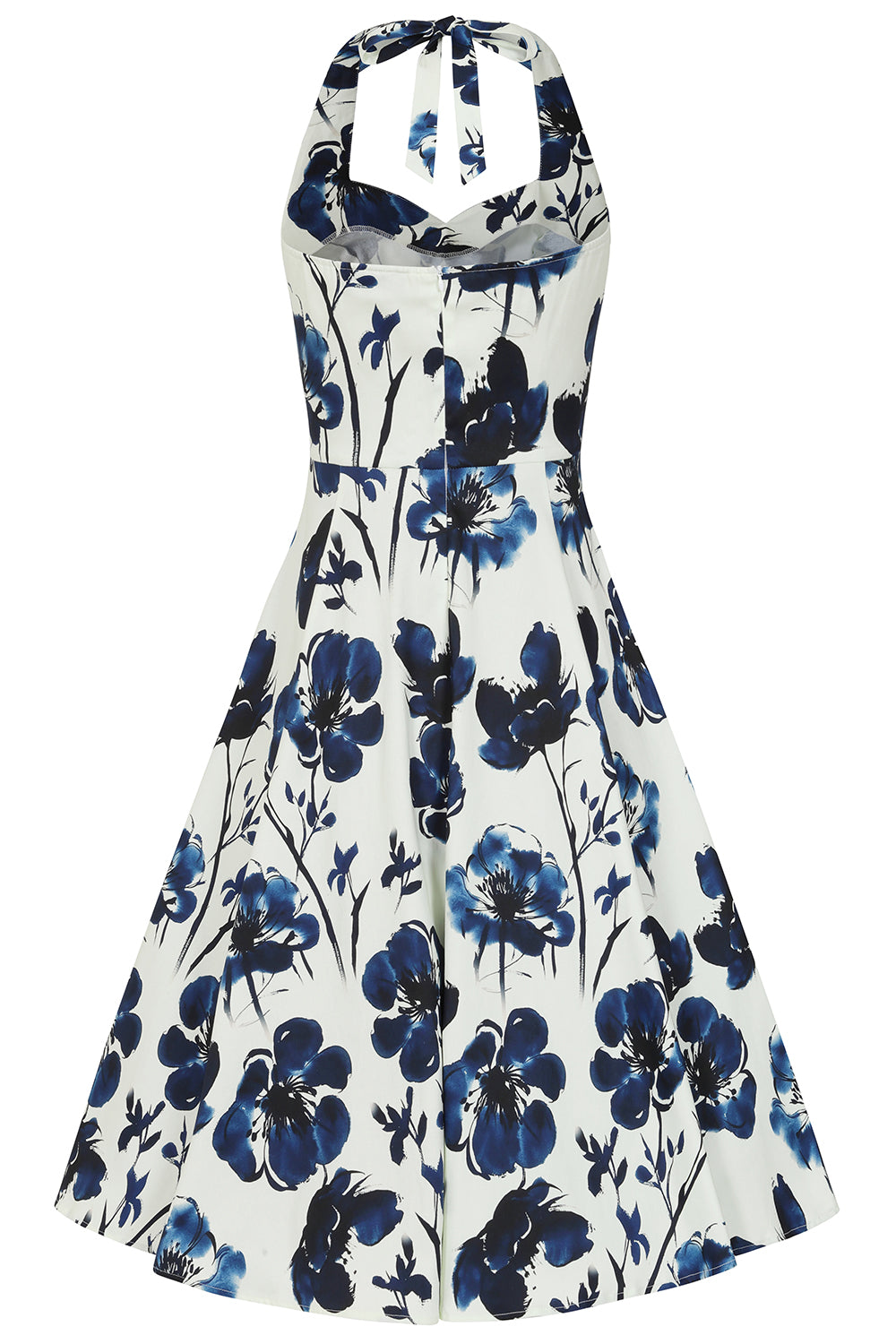 White Cream And Indigo Blue Floral Print Halterneck Cotton Swing Dress