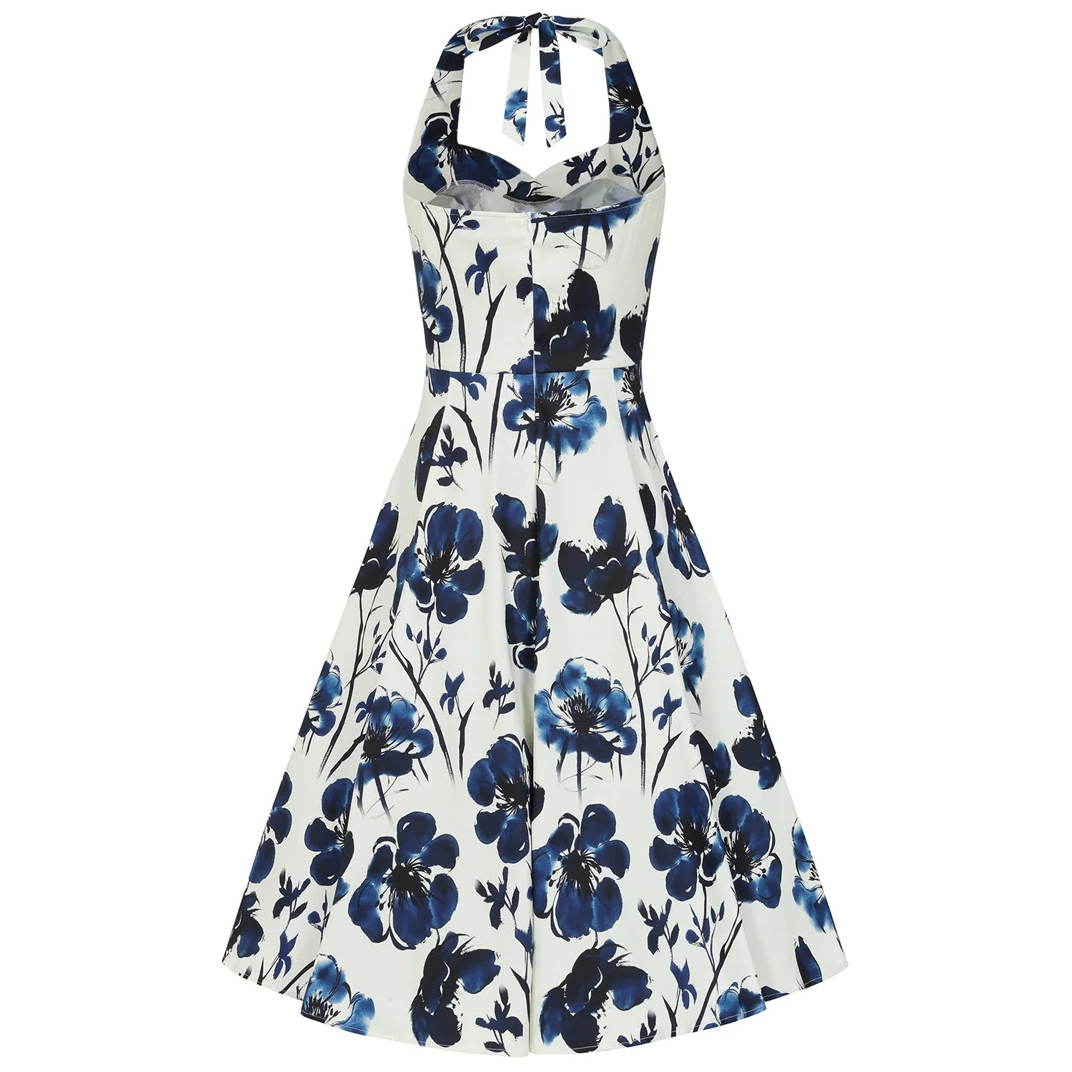 White Cream And Indigo Blue Floral Print Halterneck Cotton Swing Dress - Pretty Kitty Fashion