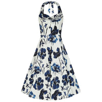 White Cream And Indigo Blue Floral Print Halterneck Cotton Swing Dress - Pretty Kitty Fashion