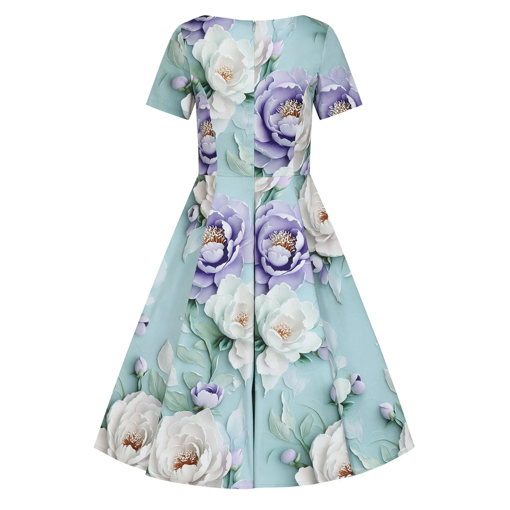 Mint Green Floral Sleeveless Short Sleeve Swing Dress