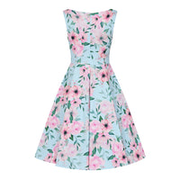 Sky blue and pink floral asymmetric neckline summer party swing dress - Pretty Kitty Fashion