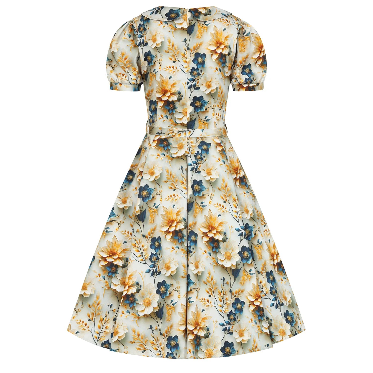 Blue Floral With Gold Cream 50s Swing Dress with Rounded Collar and Puff Sleeves - Pretty Kitty Fashion
