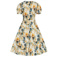 Blue Floral With Gold Cream 50s Swing Dress with Rounded Collar and Puff Sleeves - Pretty Kitty Fashion