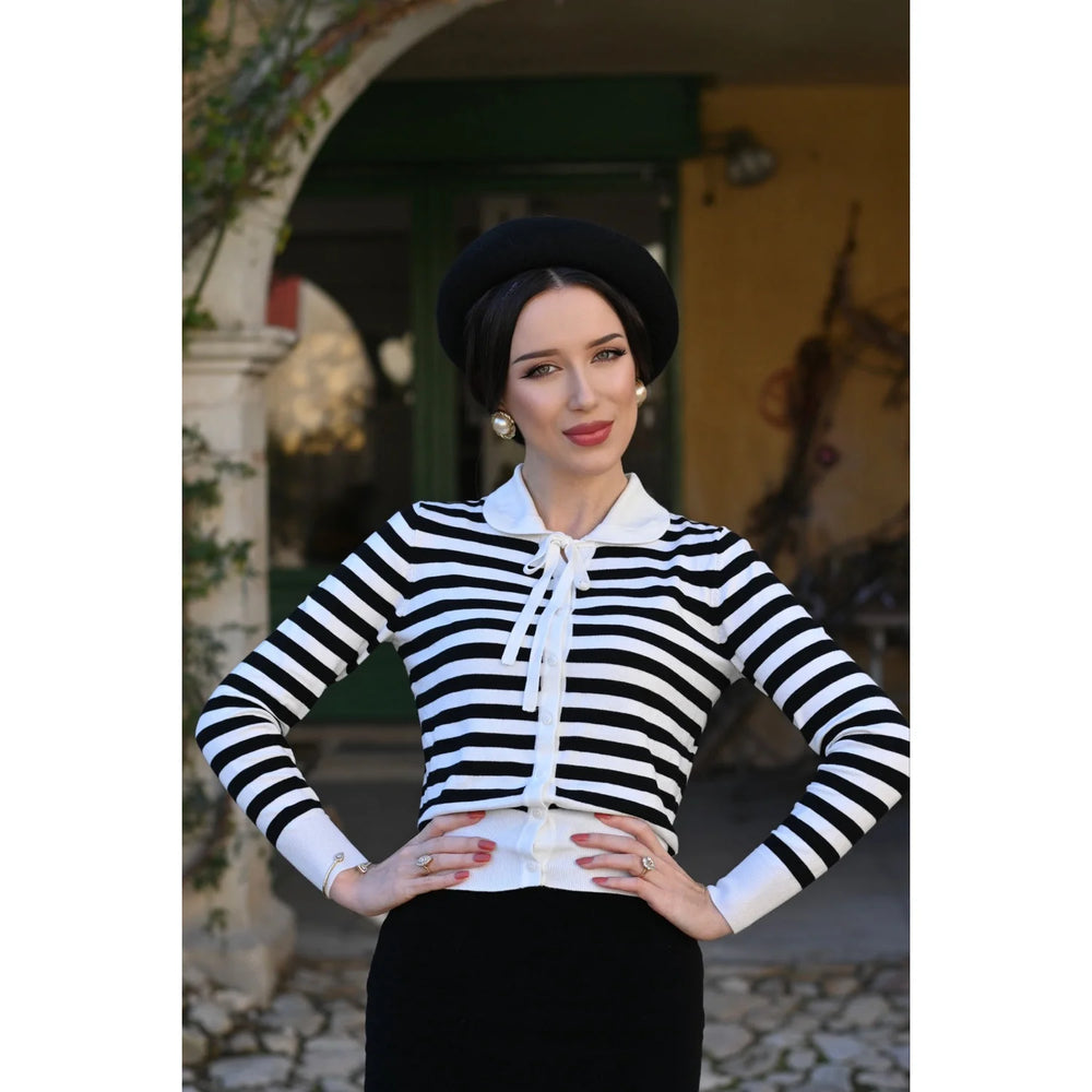 Vintage Long Sleeve Ivory And Black Stripe Bow Cardigan