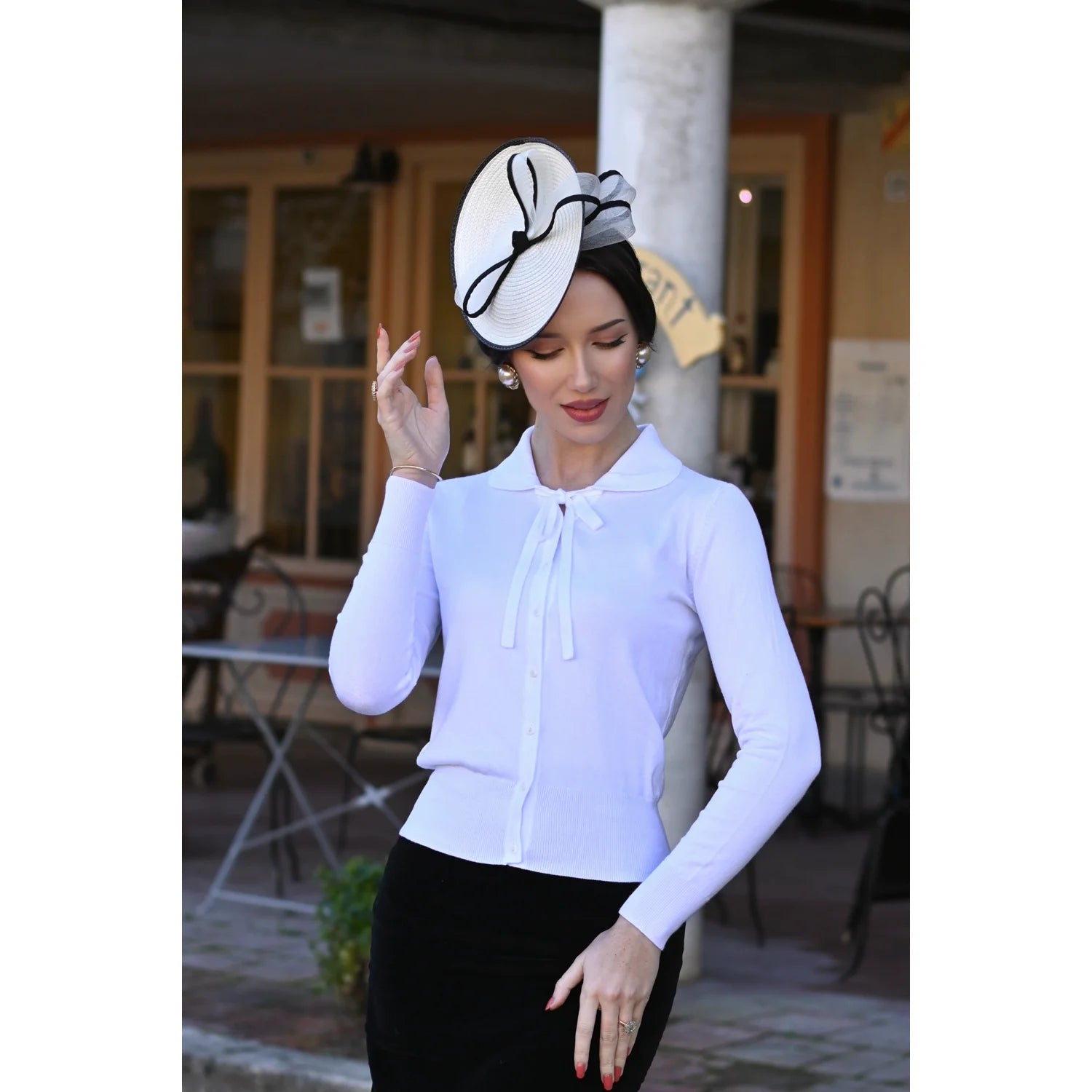 Vintage Long Sleeve Ivory Bow Cardigan