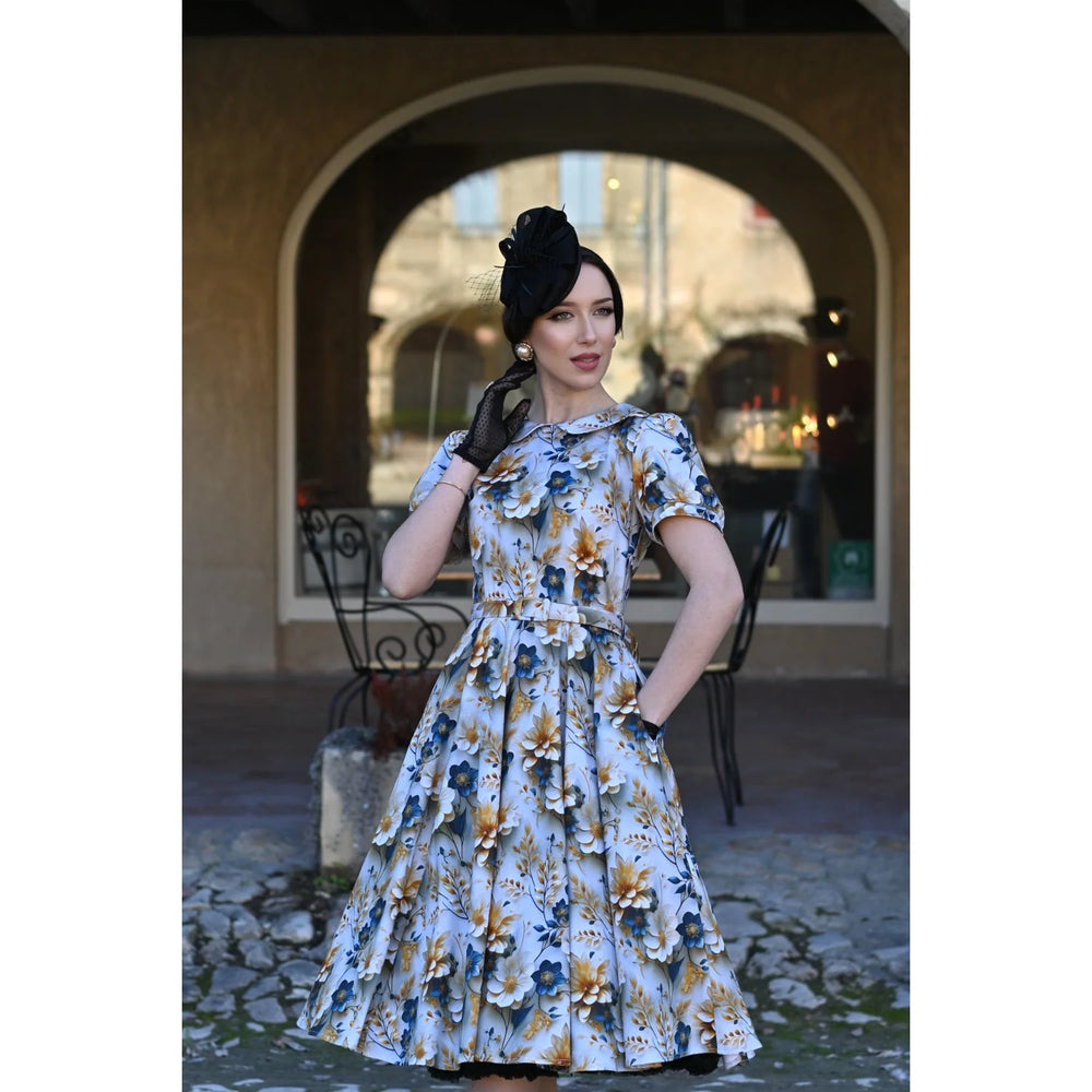 Blue Floral With Gold Cream 50s Swing Dress with Rounded Collar and Puff Sleeves - Pretty Kitty Fashion