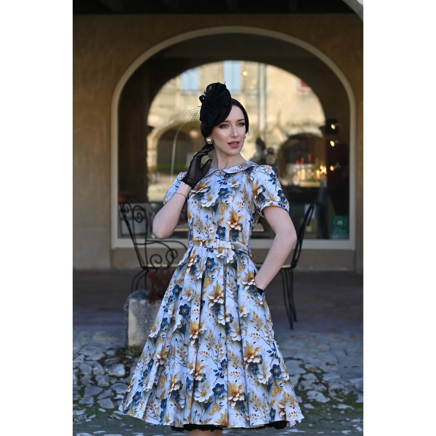 Blue Floral With Gold Cream 50s Swing Dress with Rounded Collar and Puff Sleeves - Pretty Kitty Fashion