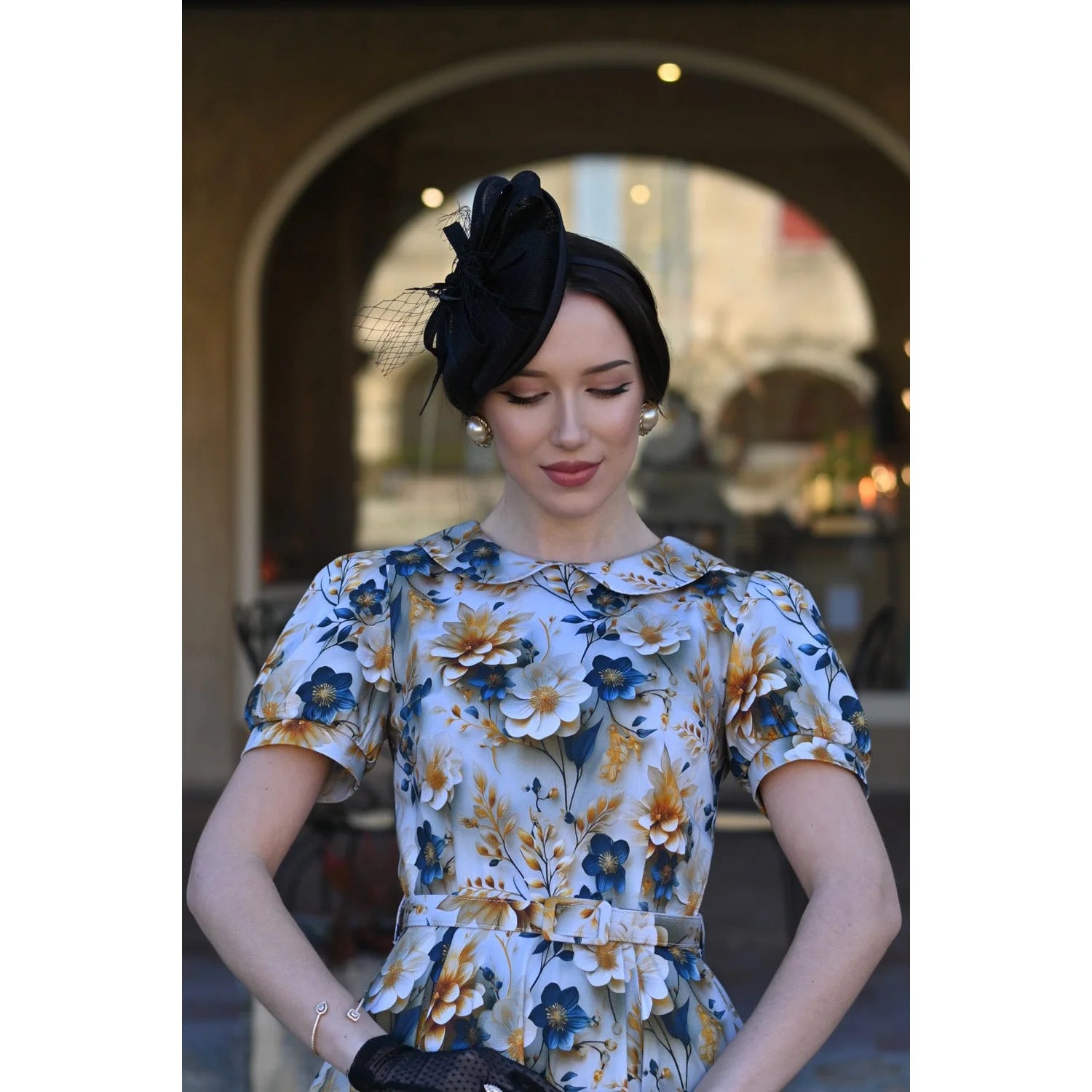 Blue Floral With Gold Cream 50s Swing Dress with Rounded Collar and Puff Sleeves - Pretty Kitty Fashion