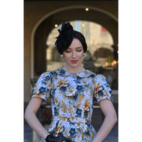 Blue Floral With Gold Cream 50s Swing Dress with Rounded Collar and Puff Sleeves - Pretty Kitty Fashion