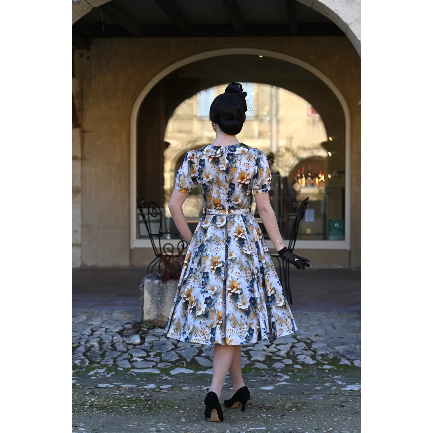 Blue Floral With Gold Cream 50s Swing Dress with Rounded Collar and Puff Sleeves - Pretty Kitty Fashion
