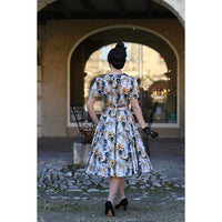 Blue Floral With Gold Cream 50s Swing Dress with Rounded Collar and Puff Sleeves - Pretty Kitty Fashion