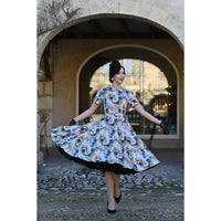 Blue Floral With Gold Cream 50s Swing Dress with Rounded Collar and Puff Sleeves - Pretty Kitty Fashion