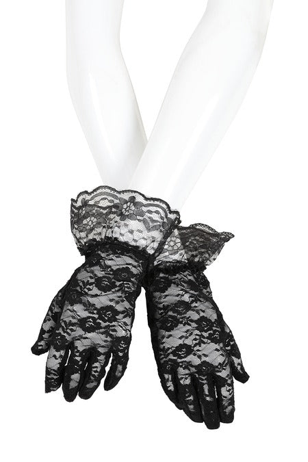Black Lace Ruffle Gloves – Vintage Style Floral Lace Gloves