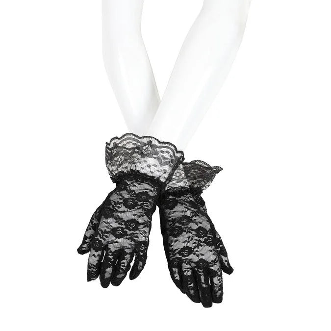 Black Lace Ruffle Gloves – Vintage Style Floral Lace Gloves