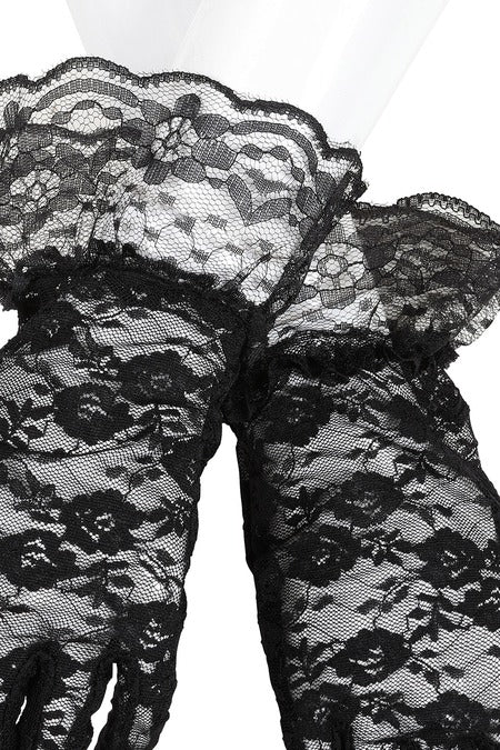 Black Lace Ruffle Gloves – Vintage Style Floral Lace Gloves