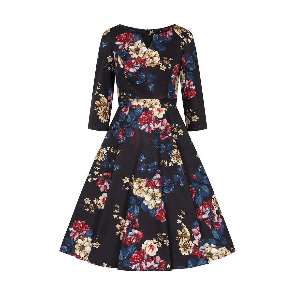 Black Floral Vintage Style Swing Dress with 3/4 Sleeves With Pockets