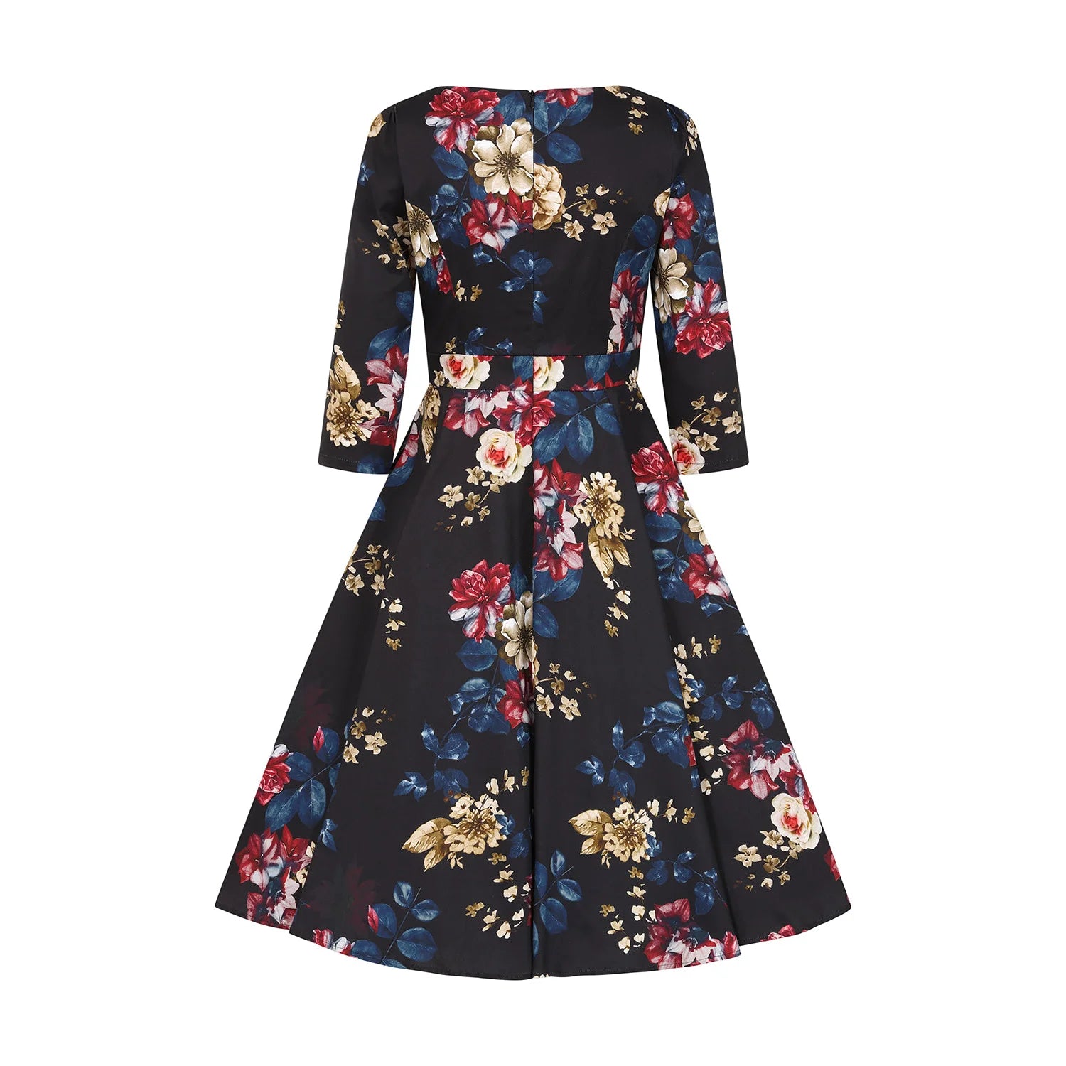 Black Floral Vintage Style Swing Dress with 3/4 Sleeves With Pockets