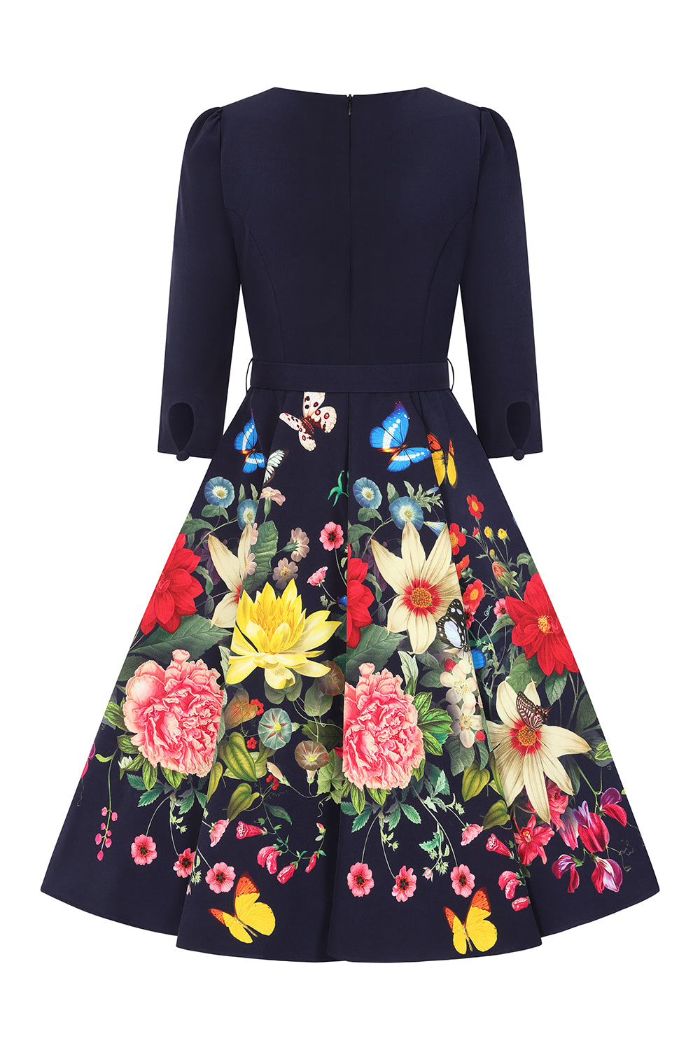 Navy Floral Butterfly Sweetheart Swing Dress with 3/4 Sleeves And Pockets