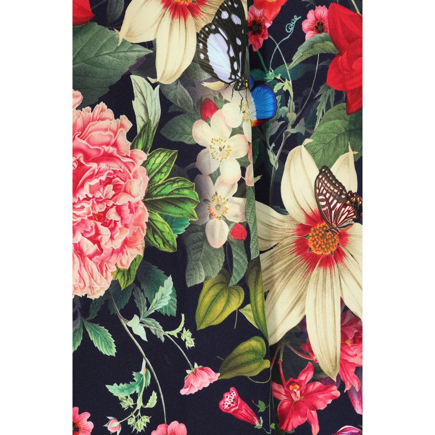 Navy Floral Butterfly Sweetheart Swing Dress with 3/4 Sleeves And Pockets