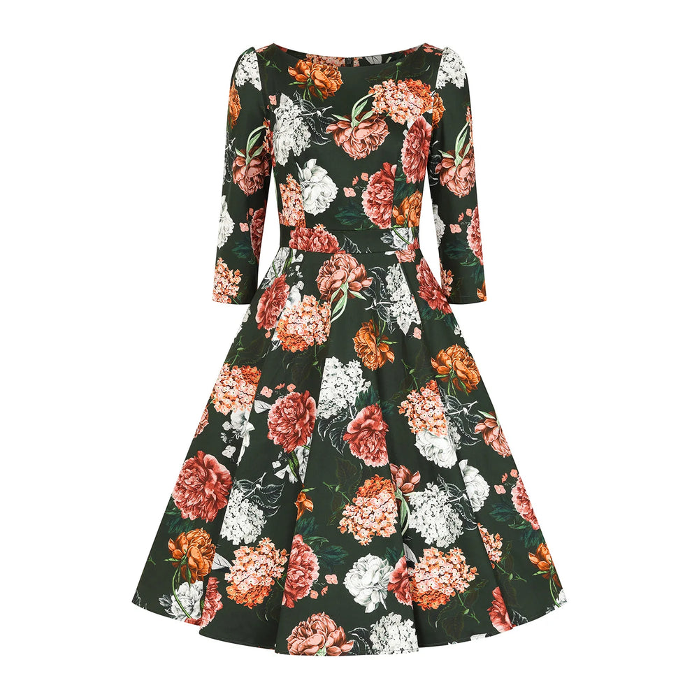 1950s Vintage Style Forest Green Floral Swing Dress with 3/4 Sleeves & Pockets