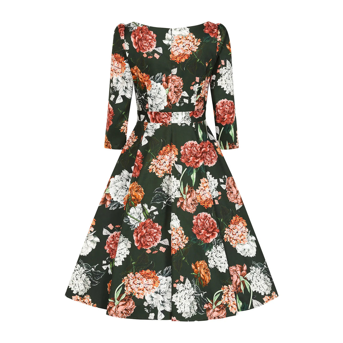 1950s Vintage Style Forest Green Floral Swing Dress with 3/4 Sleeves & Pockets