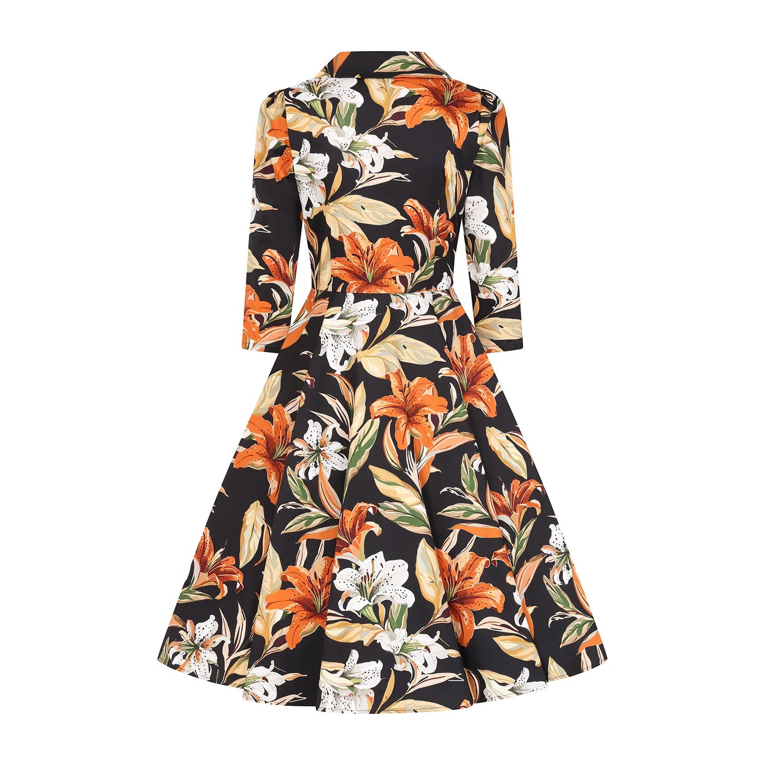 Black Lily Floral Vintage Swing Collared Tea Midi Dress