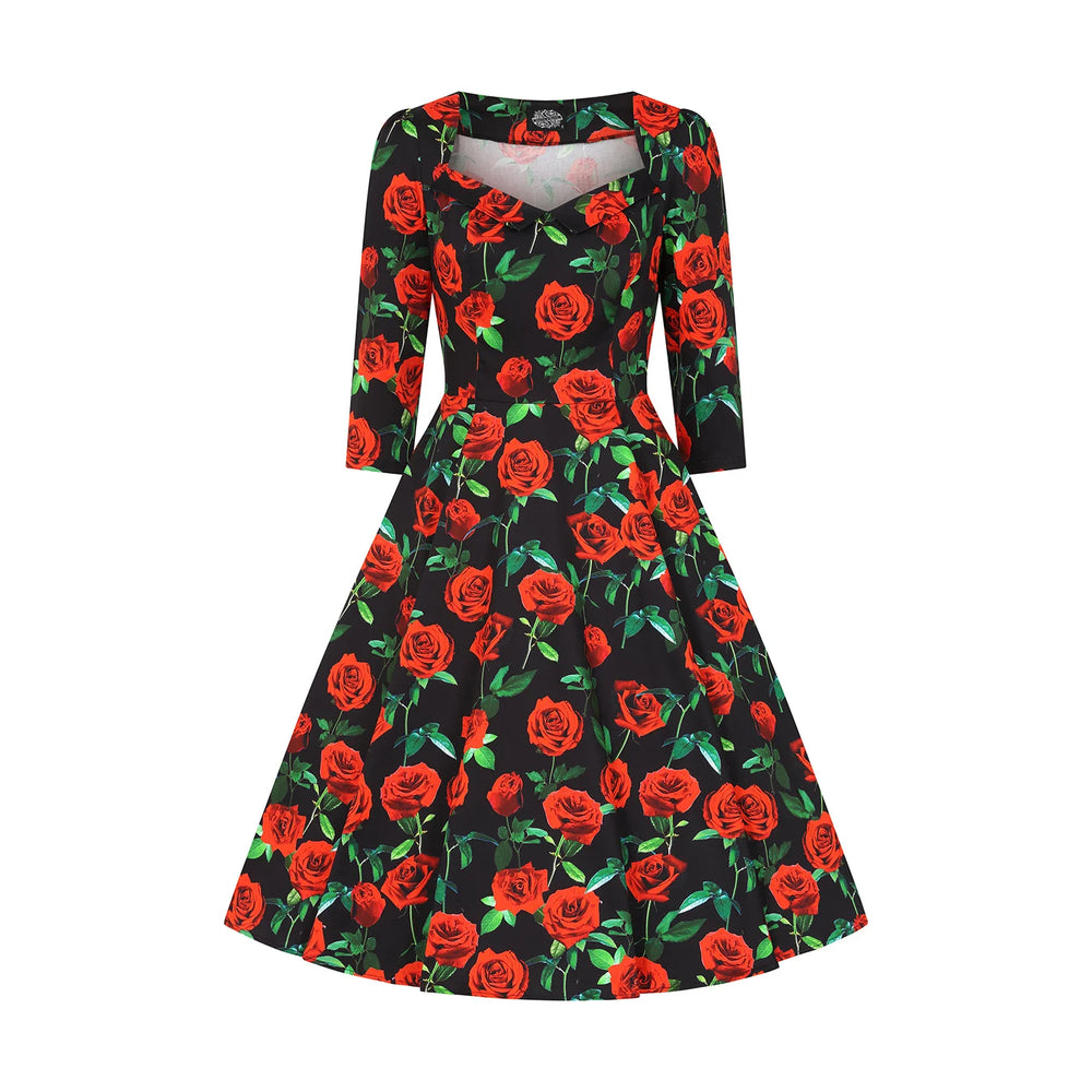 Black & Red Rose 1950s Vintage Style Swing Dress With Pockets