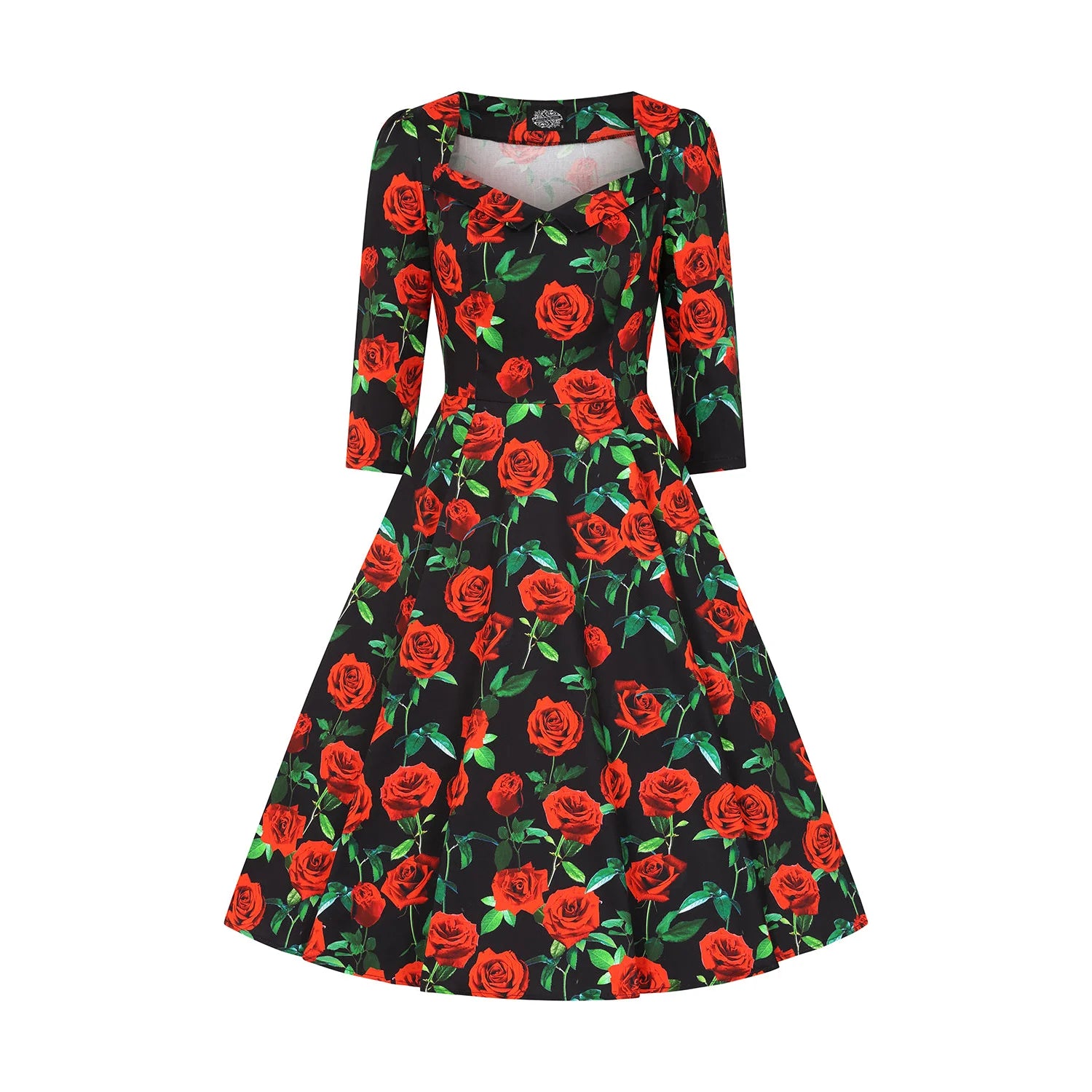 Black & Red Rose 1950s Vintage Style Swing Dress With Pockets