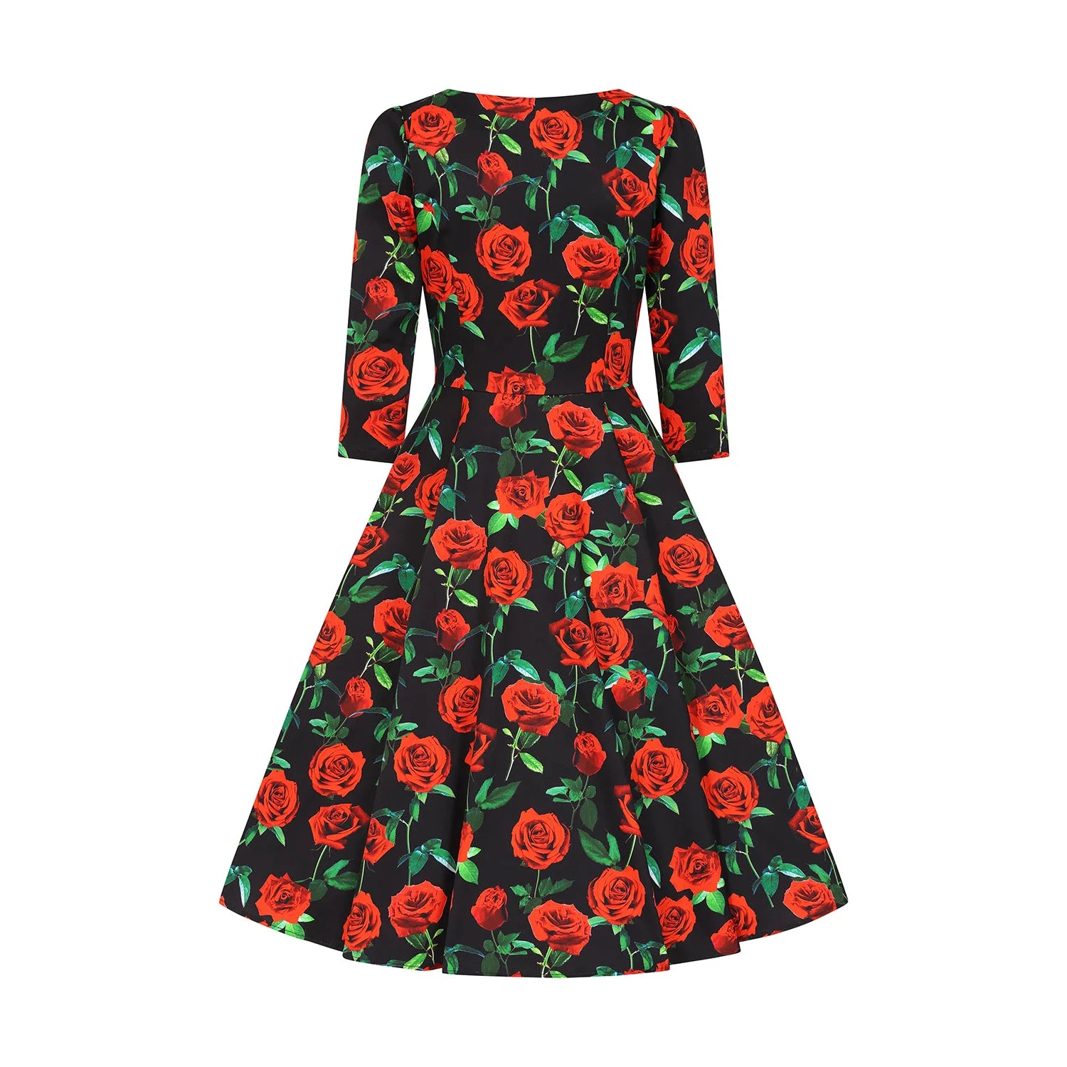 Black & Red Rose 1950s Vintage Style Swing Dress With Pockets