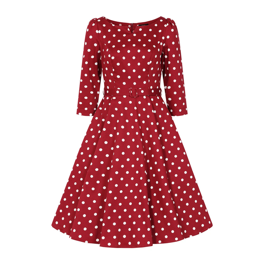Red Polka Dot 1950s Vintage Swing Dress with 3/4 Sleeves and Pockets