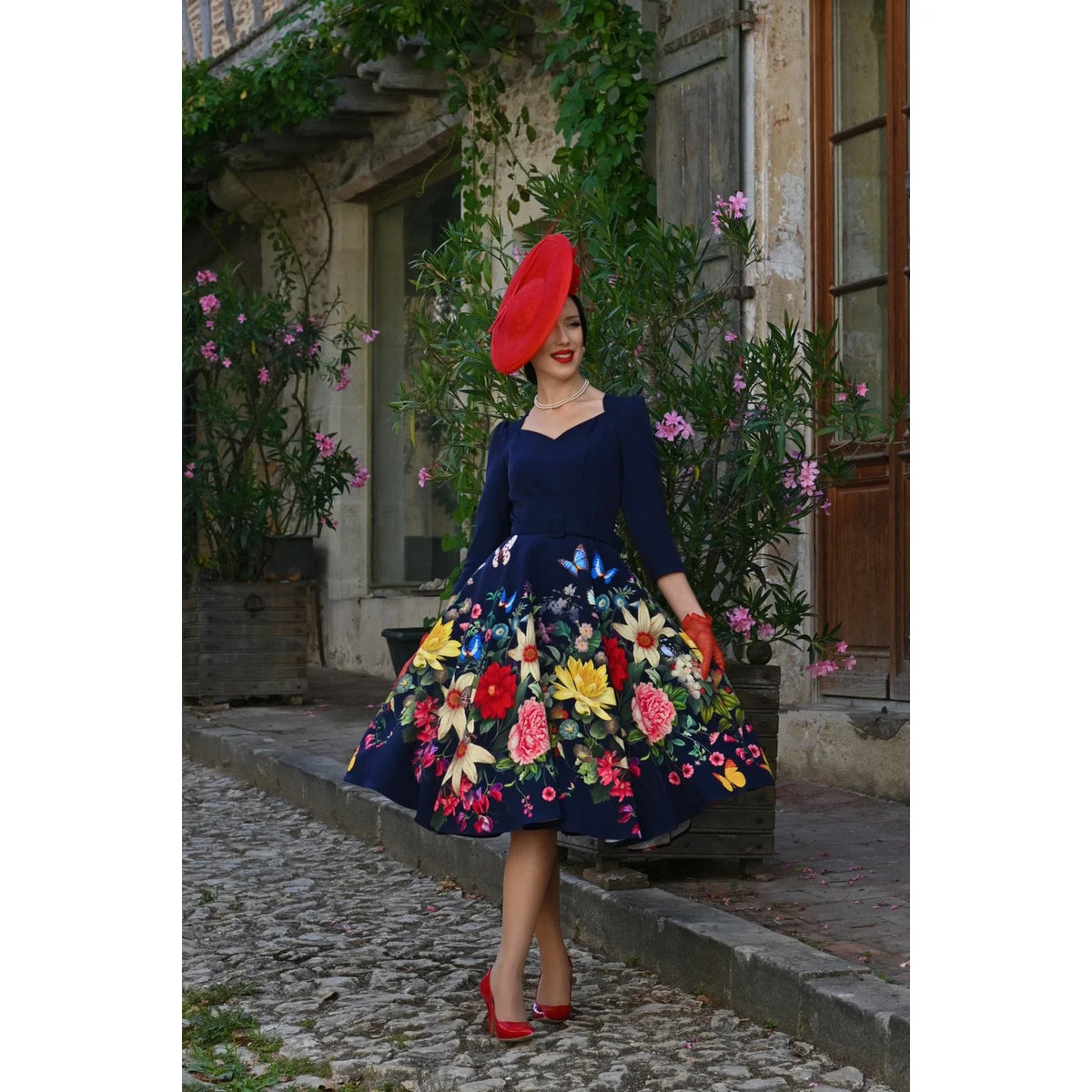 Navy Floral Butterfly Sweetheart Swing Dress with 3/4 Sleeves And Pockets