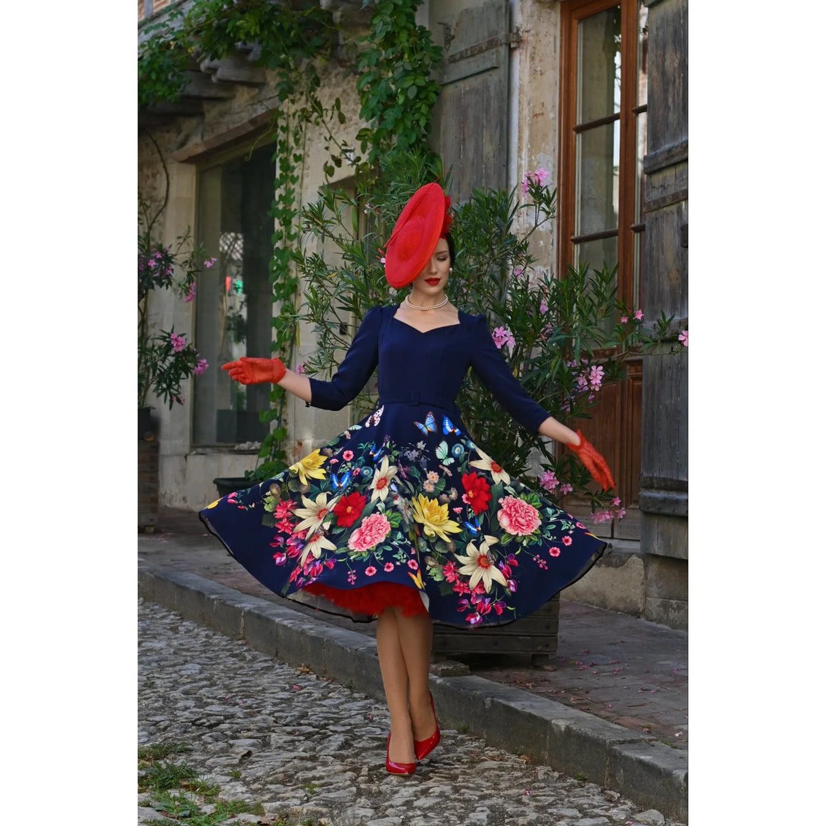 Navy Floral Butterfly Sweetheart Swing Dress with 3/4 Sleeves And Pockets