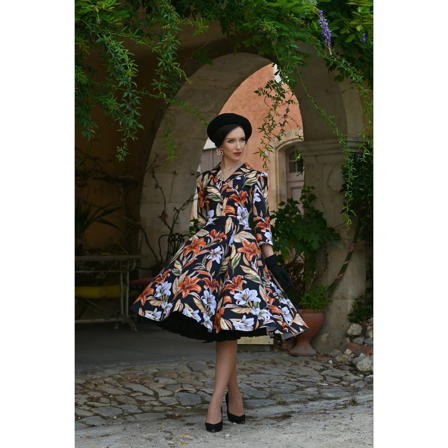 Black Lily Floral Vintage Swing Collared Tea Midi Dress