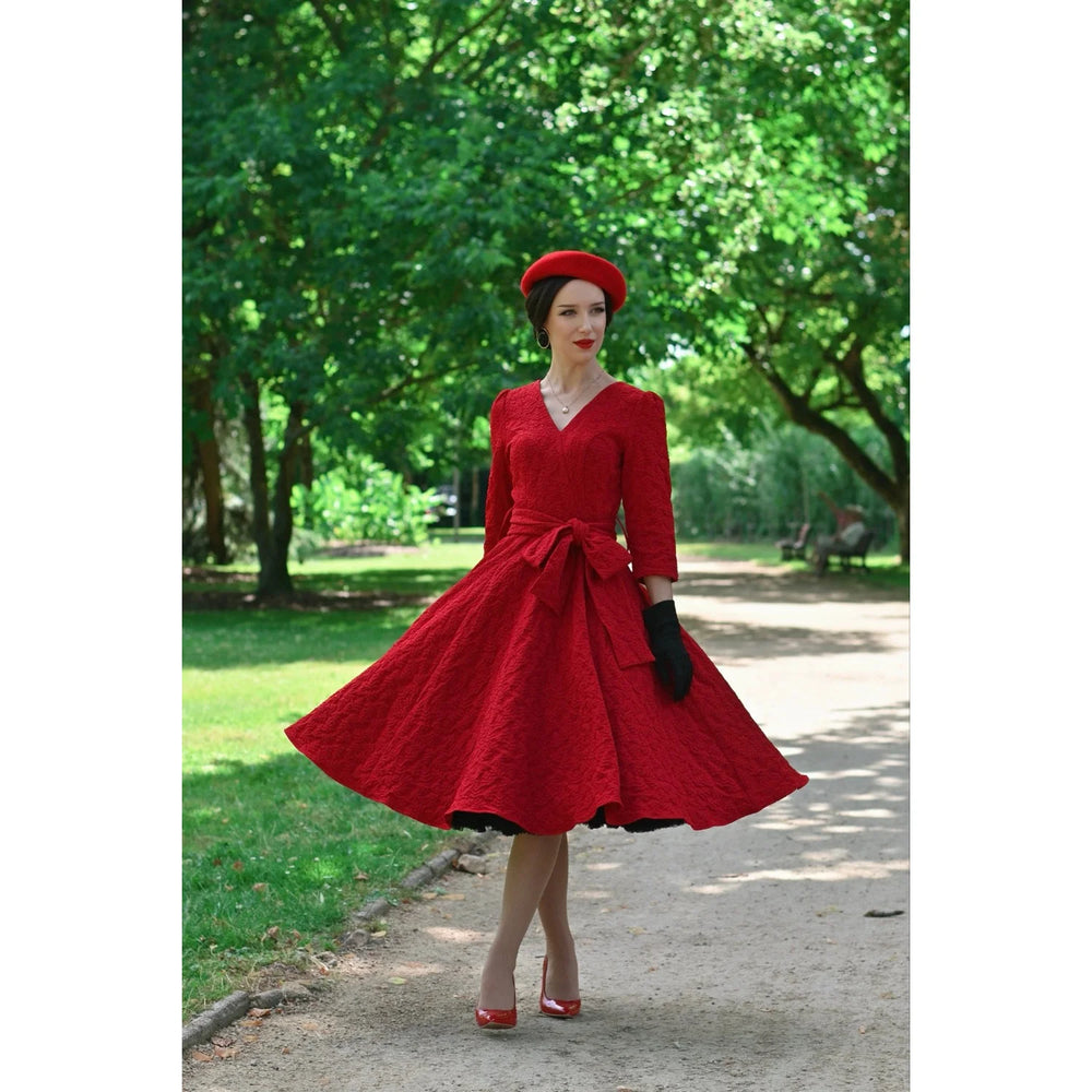 Red 1950s Vintage Style Jacquard Swing Dress with Bow Belt