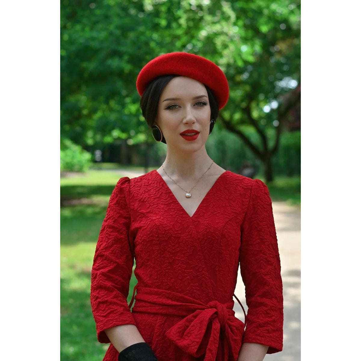Red 1950s Vintage Style Jacquard Swing Dress with Bow Belt