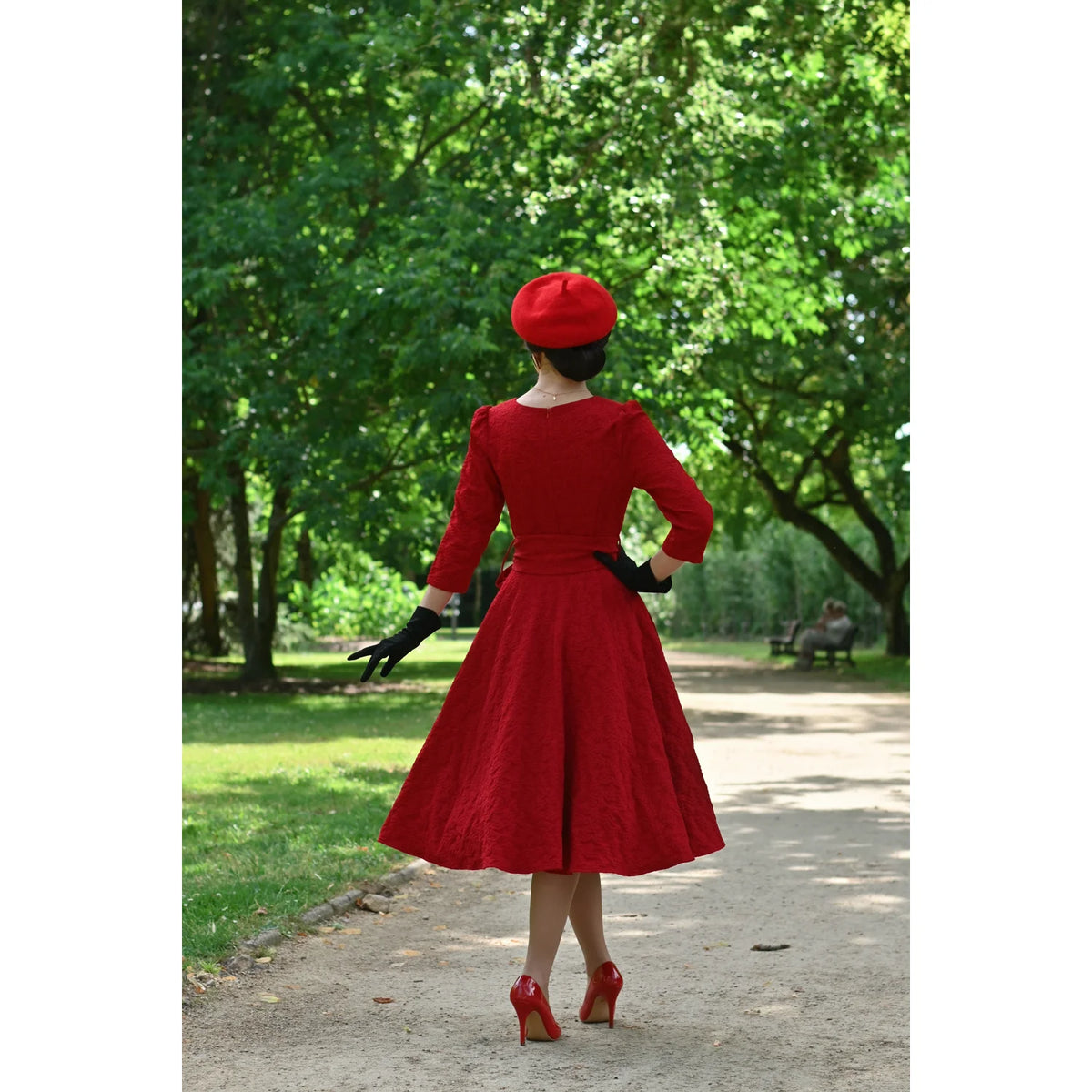 Red 1950s Vintage Style Jacquard Swing Dress with Bow Belt