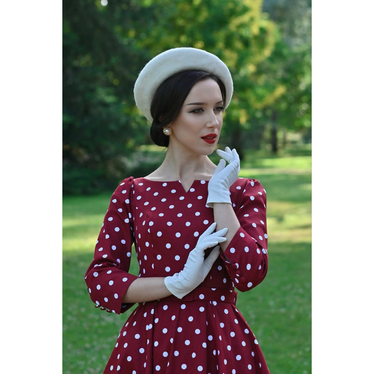 Red Polka Dot 1950s Vintage Swing Dress with 3/4 Sleeves and Pockets