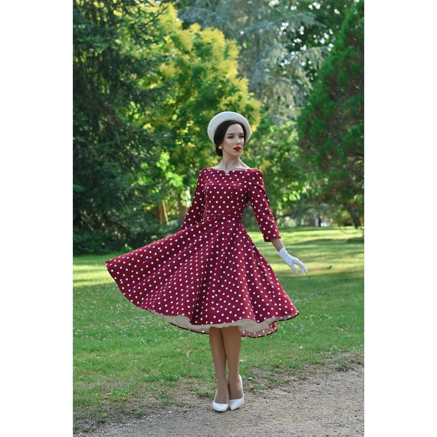 Red Polka Dot 1950s Vintage Swing Dress with 3/4 Sleeves and Pockets