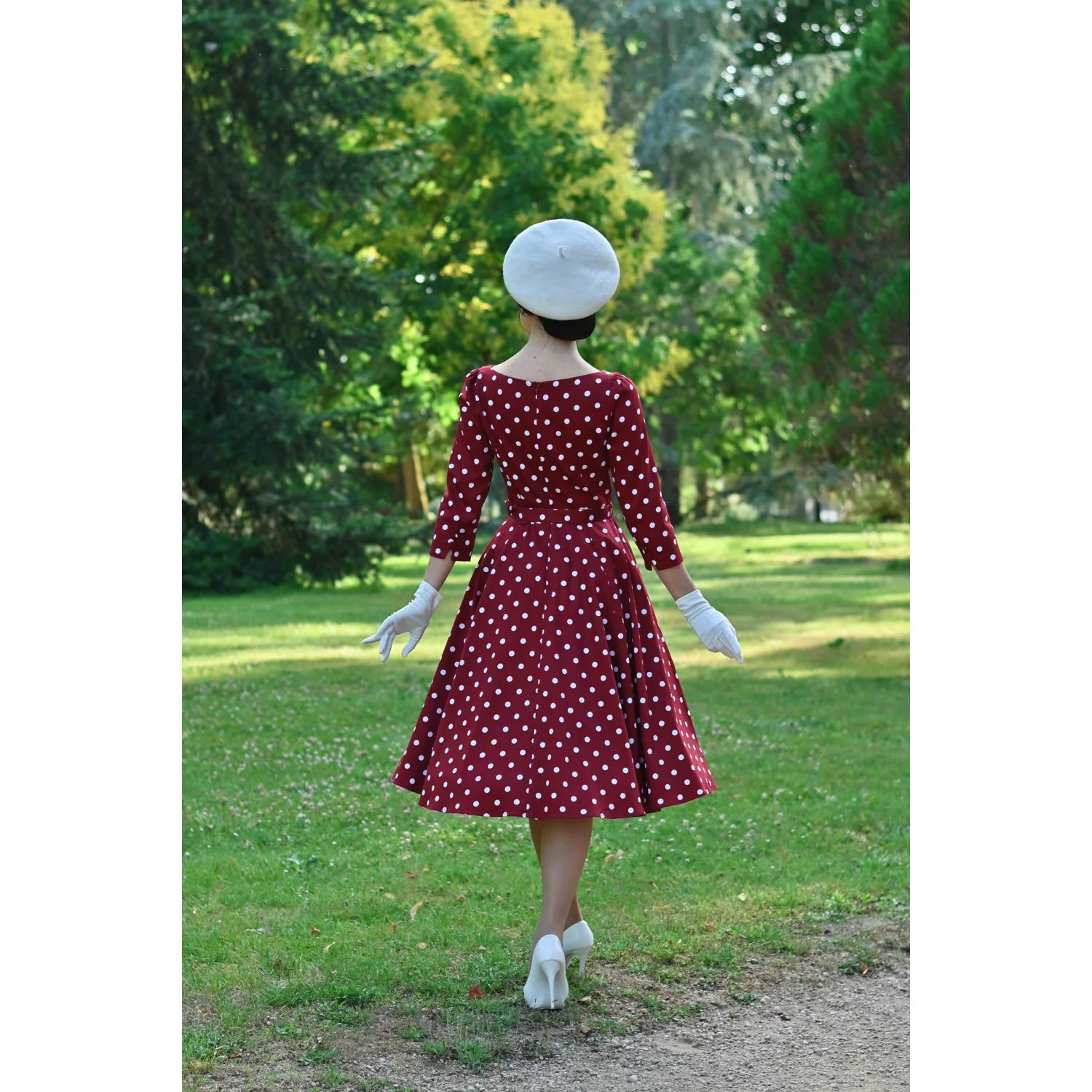 Red Polka Dot 1950s Vintage Swing Dress with 3/4 Sleeves and Pockets